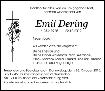 Traueranzeigen Von Emil Dering Mittelbayerische Trauer