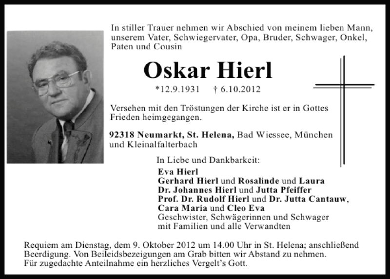 Traueranzeigen Von Oskar Hierl Mittelbayerische Trauer