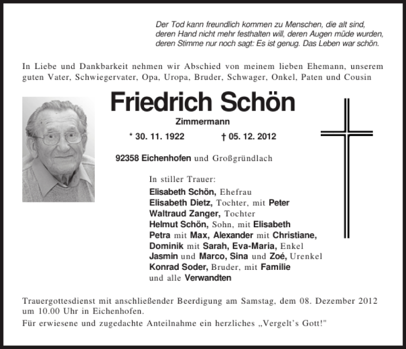 Traueranzeigen Von Friedrich Sch N Mittelbayerische Trauer