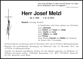 Traueranzeigen Von Josef Melzl Mittelbayerische Trauer