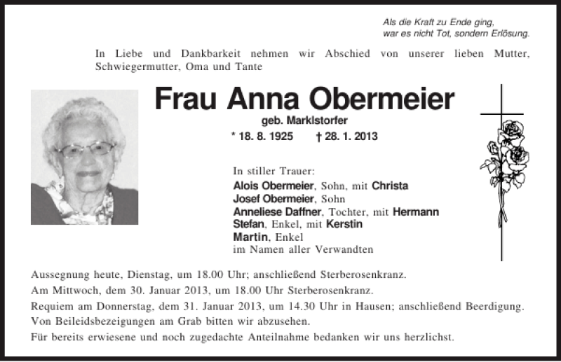 Traueranzeigen Von Frau Anna Obermeier Mittelbayerische Trauer