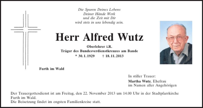 Traueranzeigen Von Furth I Wald Alfred Wutz Mittelbayerische Trauer