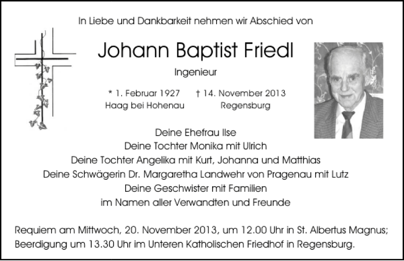 Traueranzeigen Von Johann Baptist Friedl Mittelbayerische Trauer