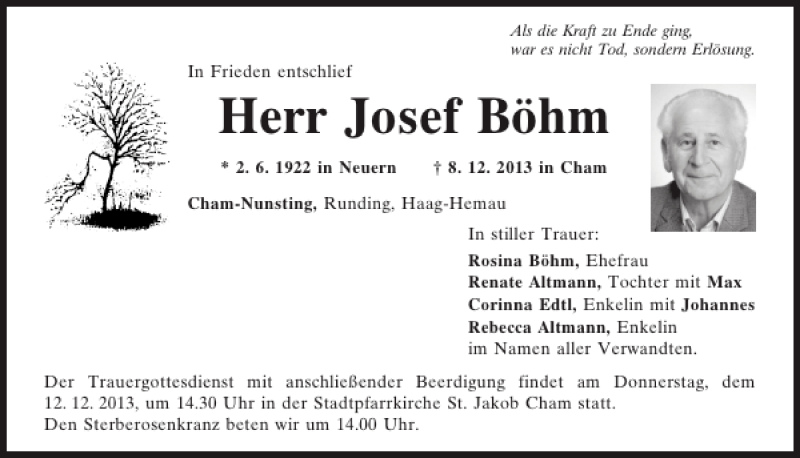 Traueranzeigen von Cham Nunsting Josef Böhm Mittelbayerische Trauer