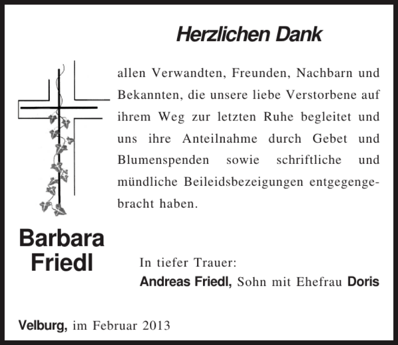 Traueranzeigen Von Barbara Friedl Mittelbayerische Trauer