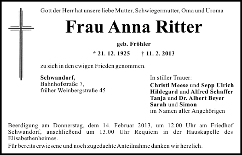 Traueranzeigen Von Frau Anna Ritter Mittelbayerische Trauer