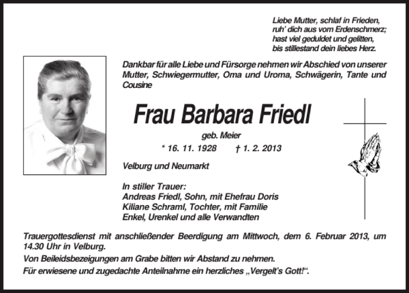 Traueranzeigen Von Frau Barbara Friedl Mittelbayerische Trauer