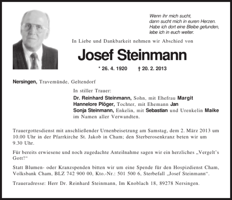 Traueranzeigen Von Josef Steinmann Mittelbayerische Trauer