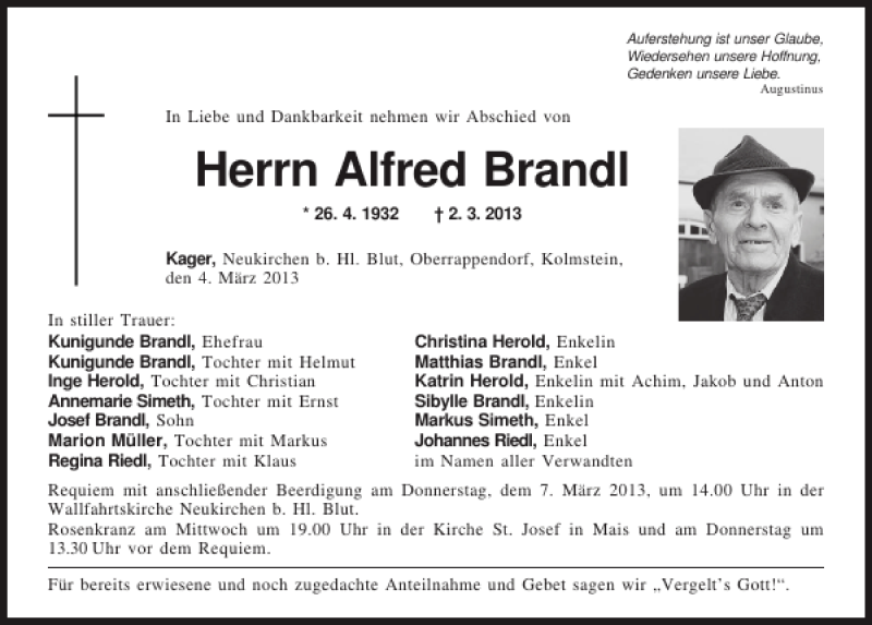 Traueranzeigen Von Alfred Brandl Mittelbayerische Trauer