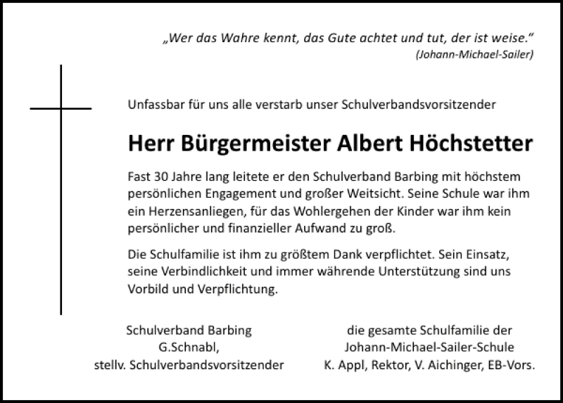 Traueranzeigen von Bürgermeister Albert Höchstetter Mittelbayerische