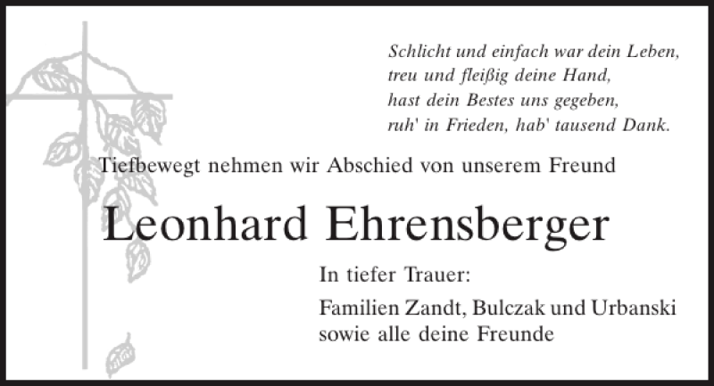 Traueranzeigen Von Leonhard Ehrensberger Mittelbayerische Trauer