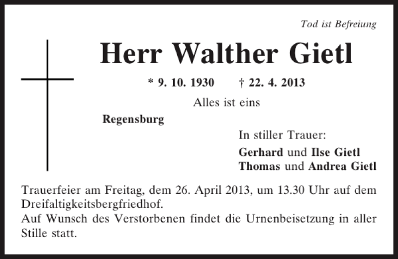 Traueranzeigen Von Regensburg Walther Gietl Mittelbayerische Trauer