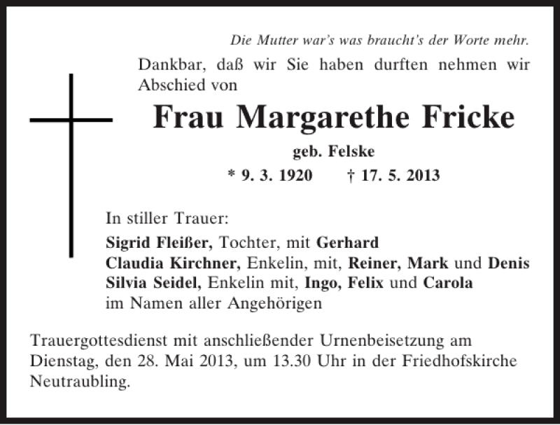 Traueranzeigen Von Geb Felske Margarethe Fricke Mittelbayerische Trauer