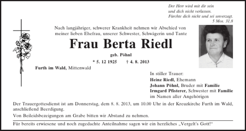 Traueranzeigen Von Furth I W Berta Riedl Mittelbayerische Trauer