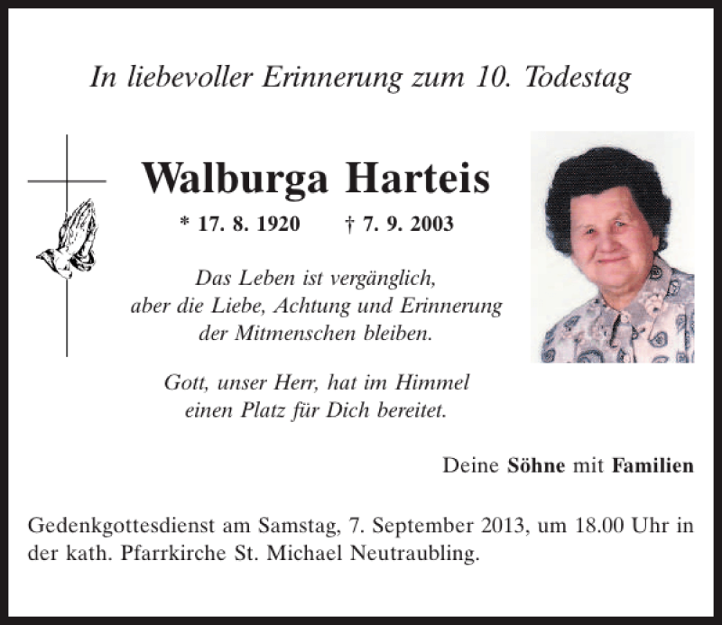 Traueranzeigen Von Walburga Harteis Mittelbayerische Trauer