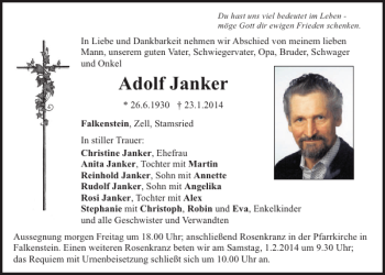 Traueranzeigen Von Falkenstein Adolf Janker Mittelbayerische Trauer