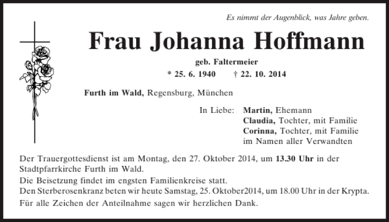 Traueranzeigen Von Furth I W Johanna Hoffmann Mittelbayerische Trauer