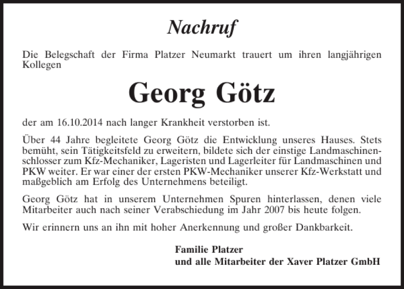 Traueranzeigen von Georg Götz Mittelbayerische Trauer