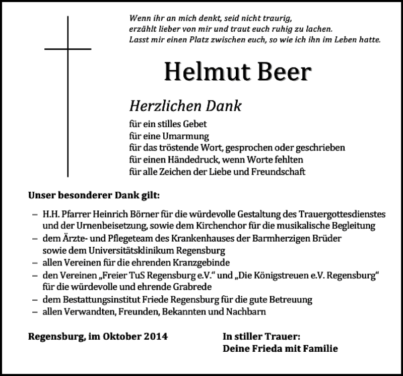 Traueranzeigen Von Regensburg Helmut Beer Mittelbayerische Trauer