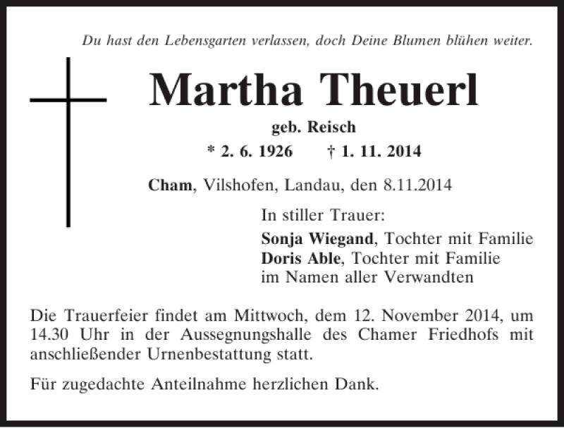 Traueranzeigen Von Cham Martha Theuerl Mittelbayerische Trauer