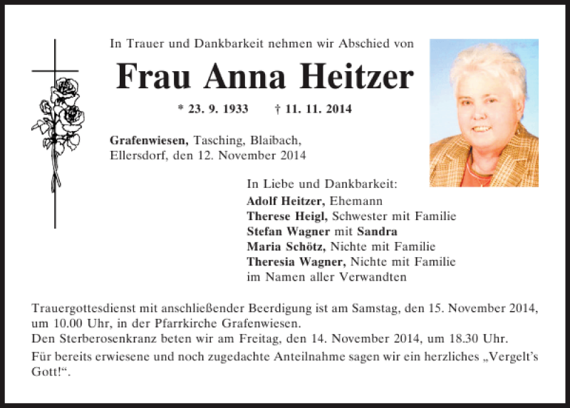 Traueranzeigen Von Grafenwiesen Anna Heitzer Mittelbayerische Trauer