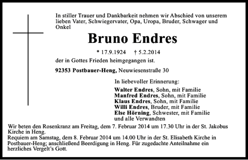 Traueranzeigen Von Postbauer Heng Bruno Endres Mittelbayerische Trauer