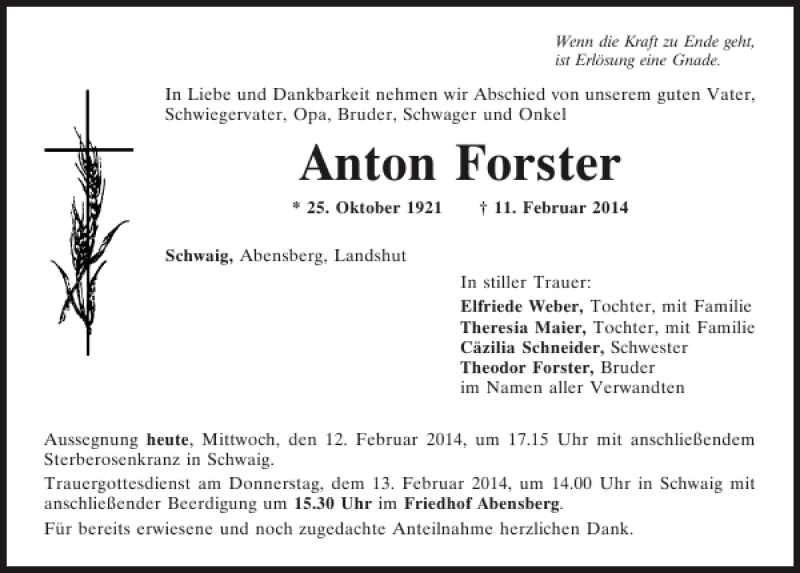 Traueranzeigen Von Schwaig Anton Forster Mittelbayerische Trauer