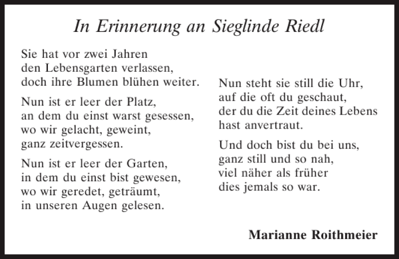 Traueranzeigen Von Sieglinde Riedl Mittelbayerische Trauer