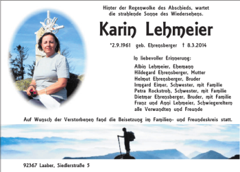 Traueranzeigen Von Laaber Karin Lehmeier Mittelbayerische Trauer