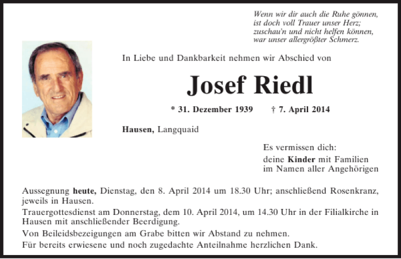 Traueranzeigen Von Hausen Josef Riedl Mittelbayerische Trauer