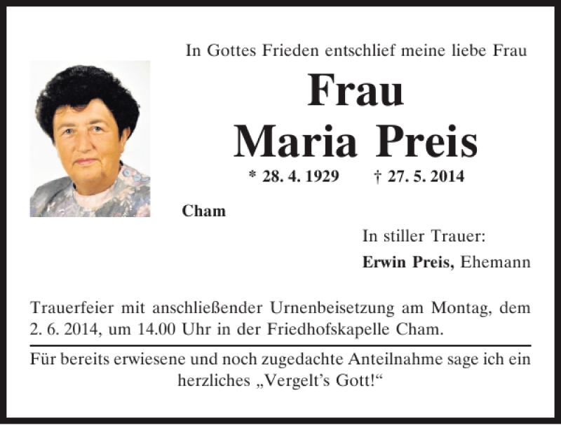 Traueranzeigen Von Cham Maria Preis Mittelbayerische Trauer