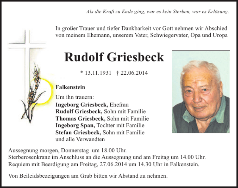 Traueranzeigen Von Falkenstein Rudolf Griesbeck Mittelbayerische Trauer