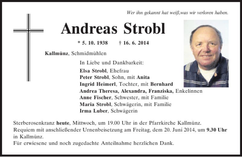 Traueranzeigen von Kallmünz Andreas Strobl Mittelbayerische Trauer