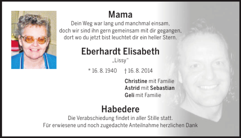 Traueranzeigen Von Elisabeth Eberhardt Mittelbayerische Trauer