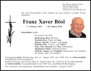 Traueranzeigen von Franz Xaver Bösl Mittelbayerische Trauer