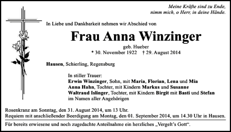 Traueranzeigen Von Hausen Anna Winzinger Mittelbayerische Trauer