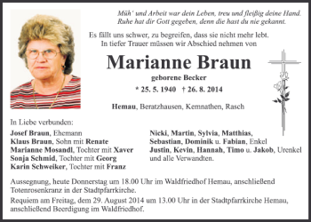 Traueranzeigen Von Hemau Marianne Braun Mittelbayerische Trauer