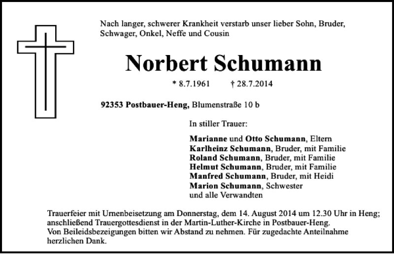 Traueranzeigen Von Postbauer Heng Norbert Schumann Mittelbayerische