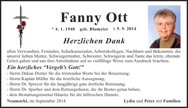 Traueranzeigen Von Neumarkt Fanny Ott Mittelbayerische Trauer