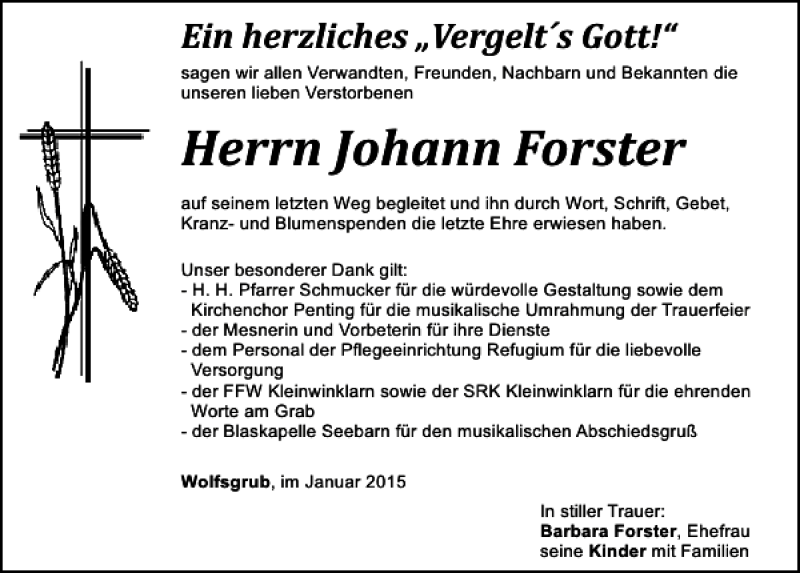 Traueranzeigen Von Wolfsgrub Johann Forster Mittelbayerische Trauer