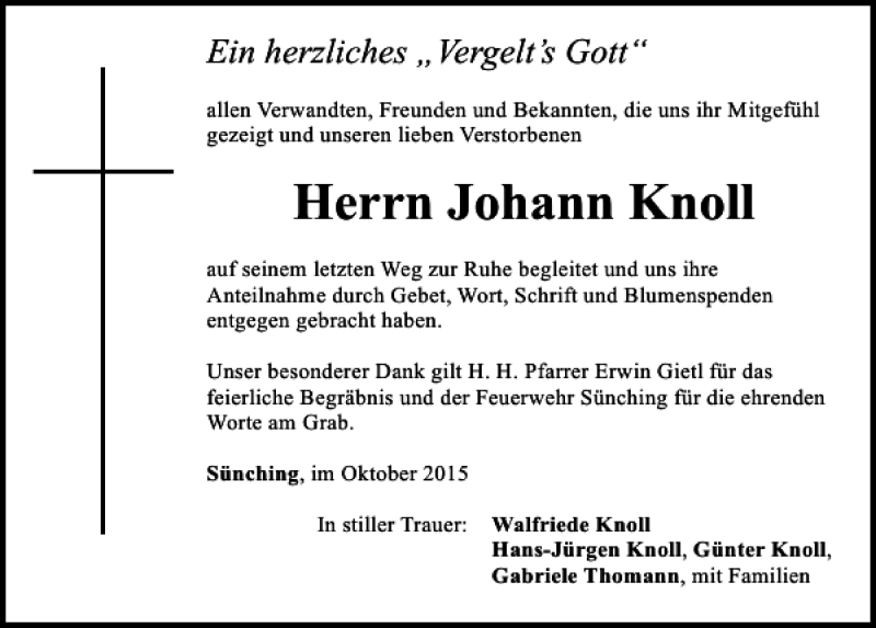 Traueranzeigen Von Johann Knoll Mittelbayerische Trauer