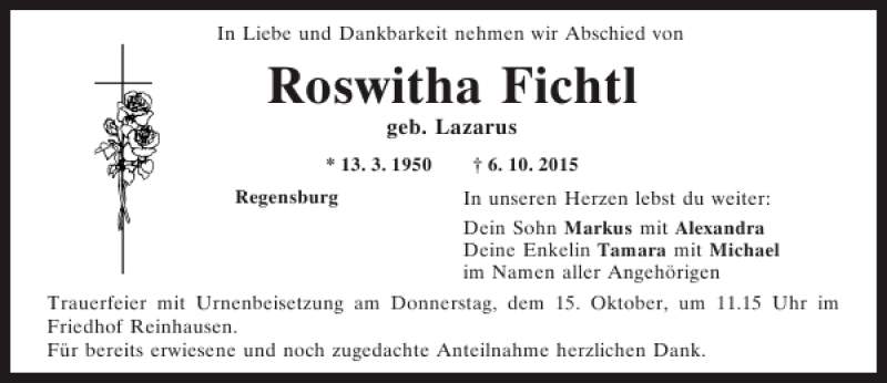 Traueranzeigen Von Roswitha Fichtl Mittelbayerische Trauer