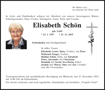 Traueranzeigen von Elisabeth Schön Mittelbayerische Trauer