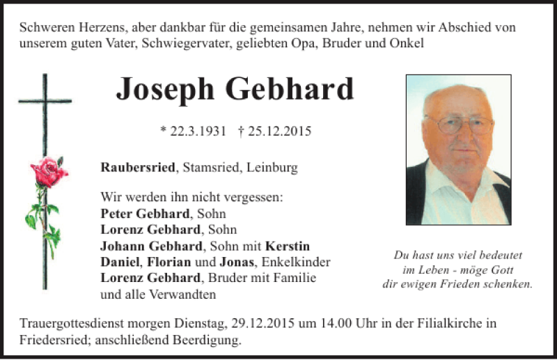 Traueranzeigen Von Joseph Gebhard Mittelbayerische Trauer