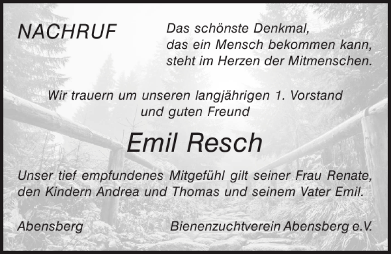 Traueranzeigen Von Emil Resch Mittelbayerische Trauer