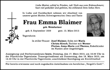 Traueranzeigen Von Emma Blaimer Mittelbayerische Trauer