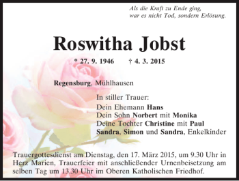 Traueranzeigen Von Roswitha Jobst Mittelbayerische Trauer