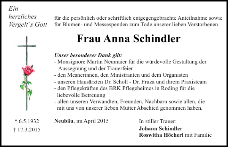 Traueranzeigen Von Anna Schindler Mittelbayerische Trauer