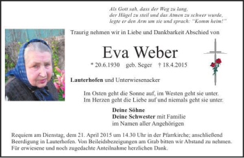 Traueranzeigen Von Eva Weber Mittelbayerische Trauer