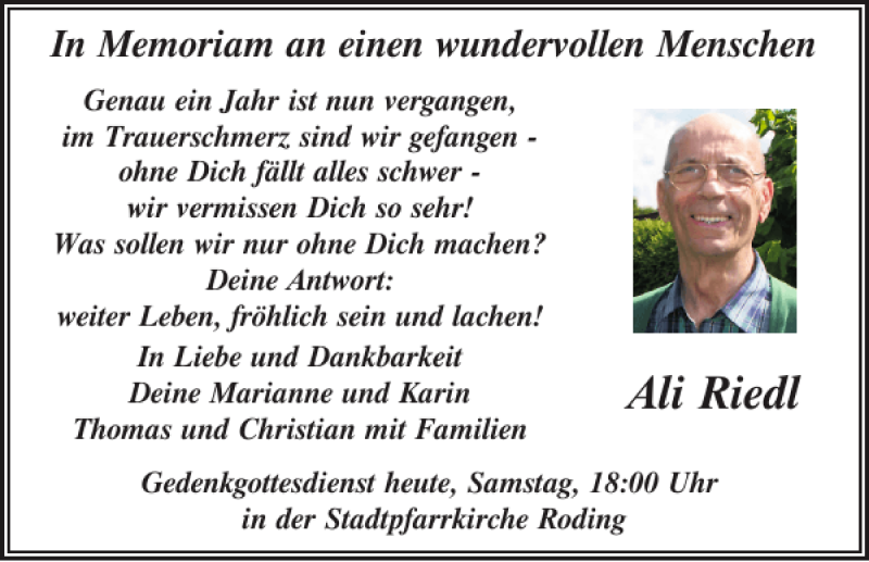 Traueranzeigen Von Ali Riedl Mittelbayerische Trauer